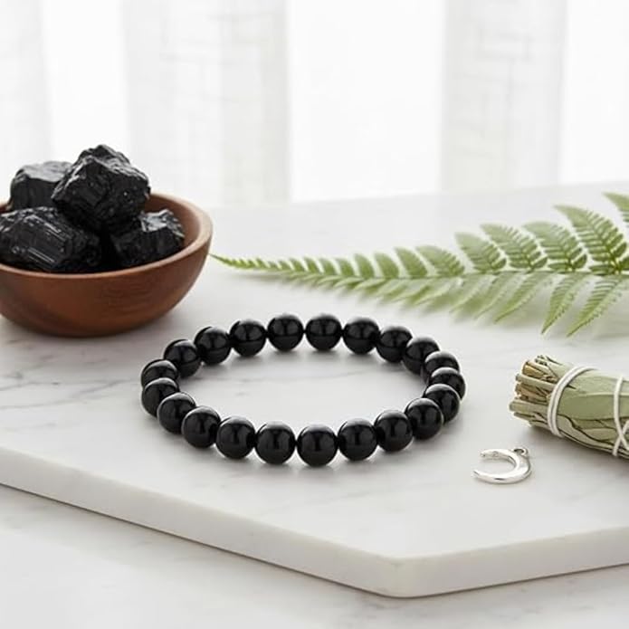 Black Tourmaline Round Bead Bracelet for Men & Women (8mm)