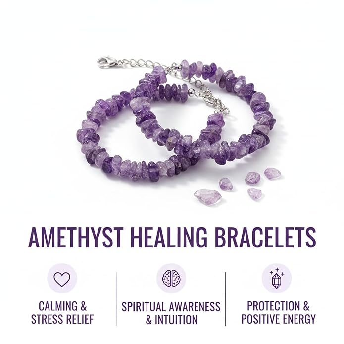 Amethyst Chip Bracelet Set of 2 – Natural Amethyst Crystal Bracelets for Men & Women, Healing Gemstone Jewelry Gift Set