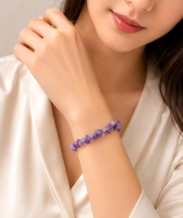 Amethyst Chip Bracelet Set of 2 – Natural Amethyst Crystal Bracelets for Men & Women, Healing Gemstone Jewelry Gift Set