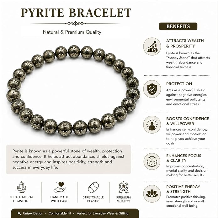Pyrite Round Bead Bracelet for Men & Women (8mm)