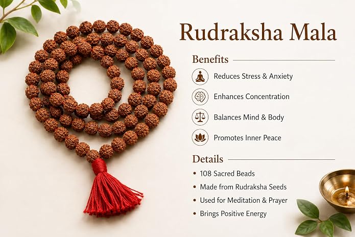 5 Mukhi Rudraksha Mala 108 Beads Japa Mala for Meditation & Yoga