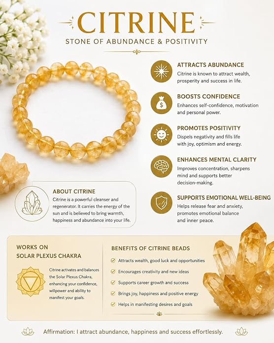 Citrine Round Bead Certified Bracelet for Men & Women (8 MM)