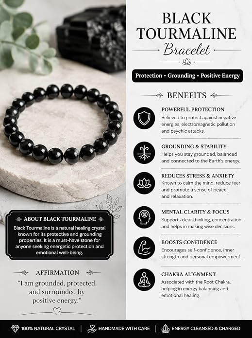 Black Tourmaline Round Bead Bracelet for Men & Women (8mm)