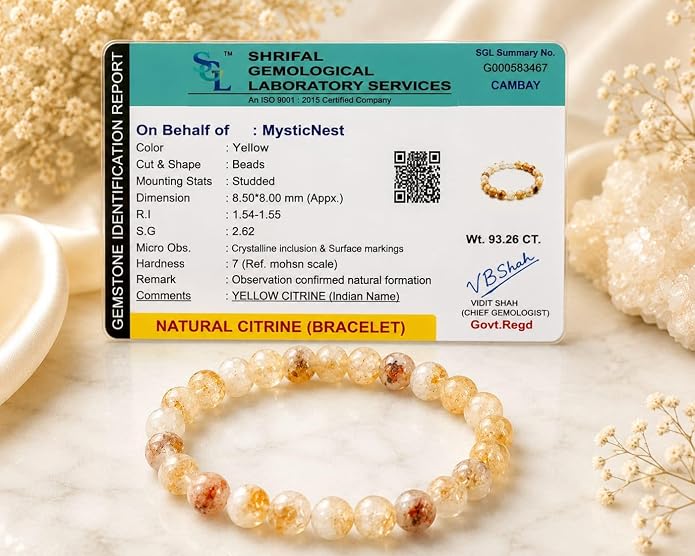 Citrine Round Bead Certified Bracelet for Men & Women (8 MM)