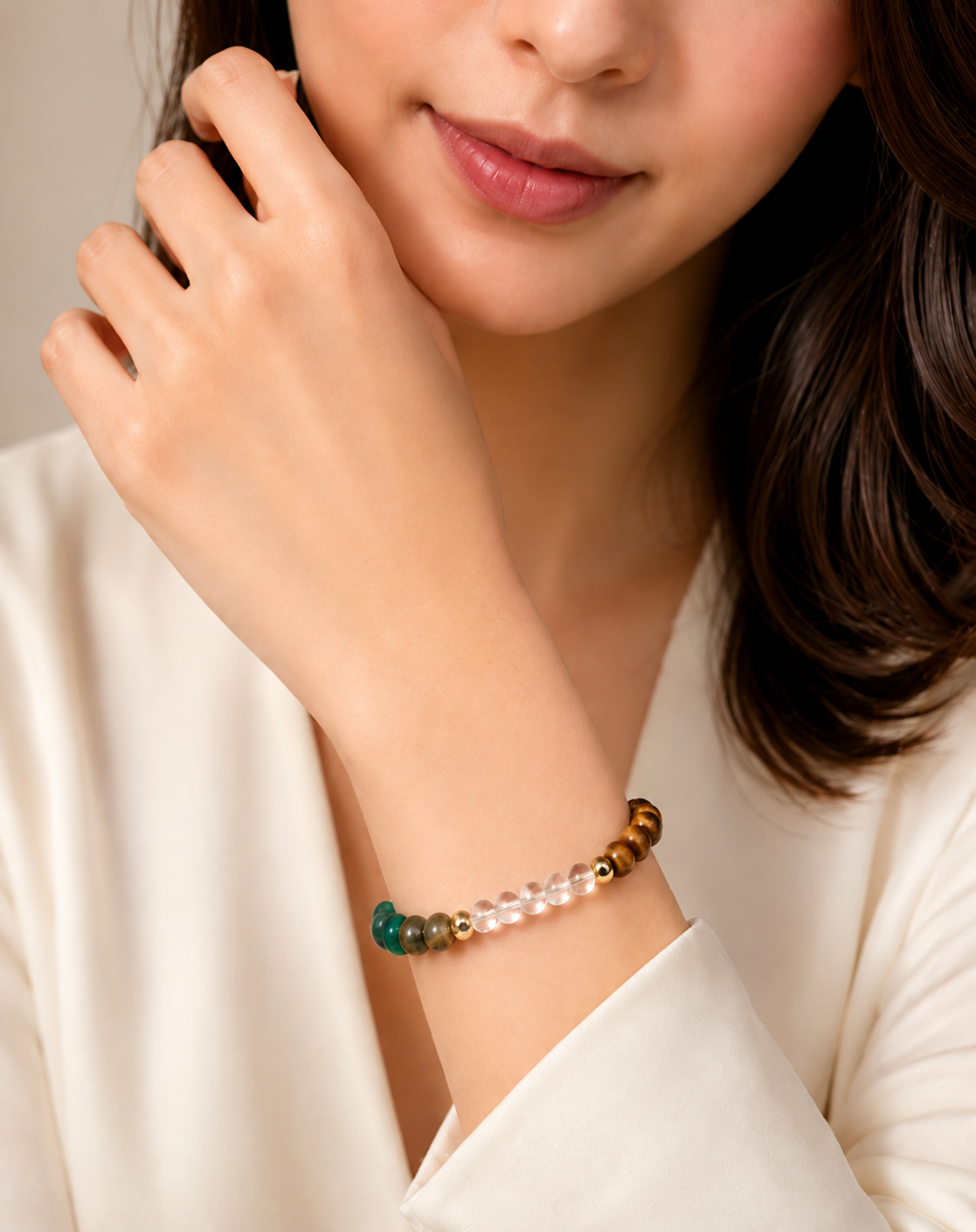 Multi-Gemstone Reiki Bracelet (Tiger's Eye, Clear Quartz, Labradorite, Malachite & Gold Spacers)