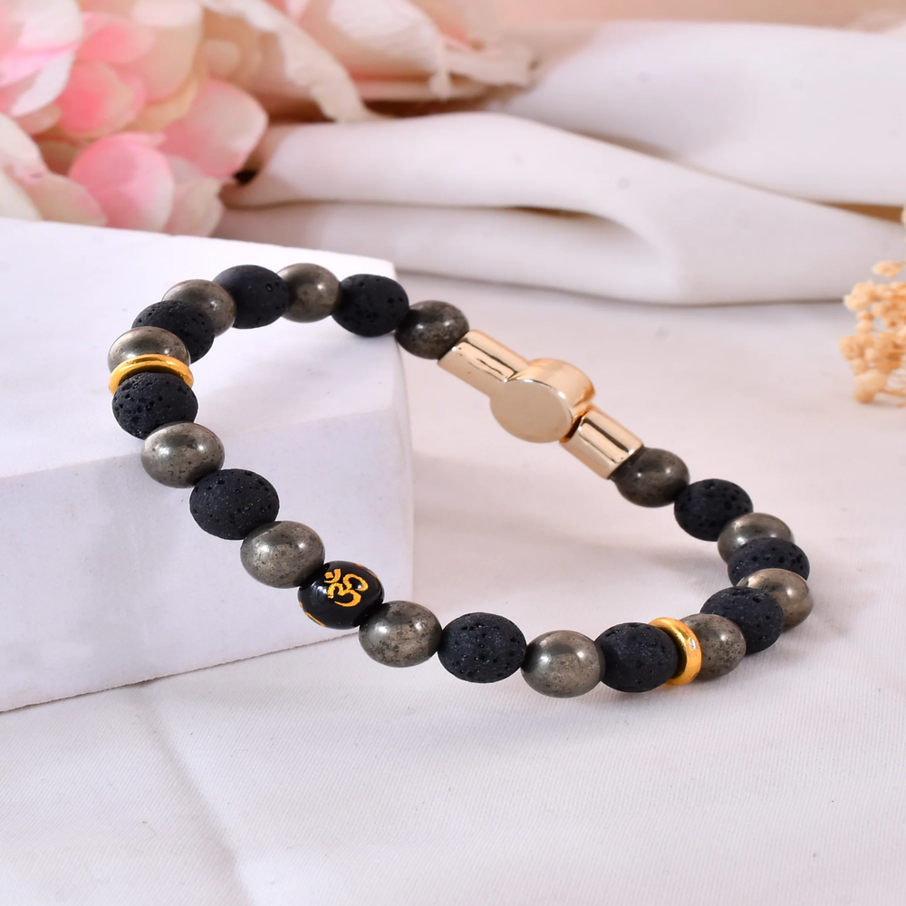 Pyrite and Lava OM Bracelet With Magnetic Lock