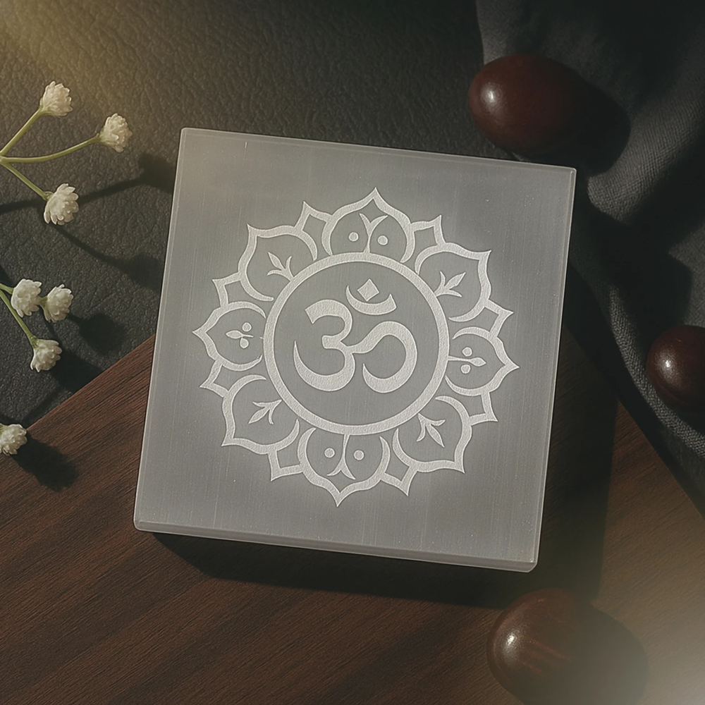 Sacred Om Selenite Plate